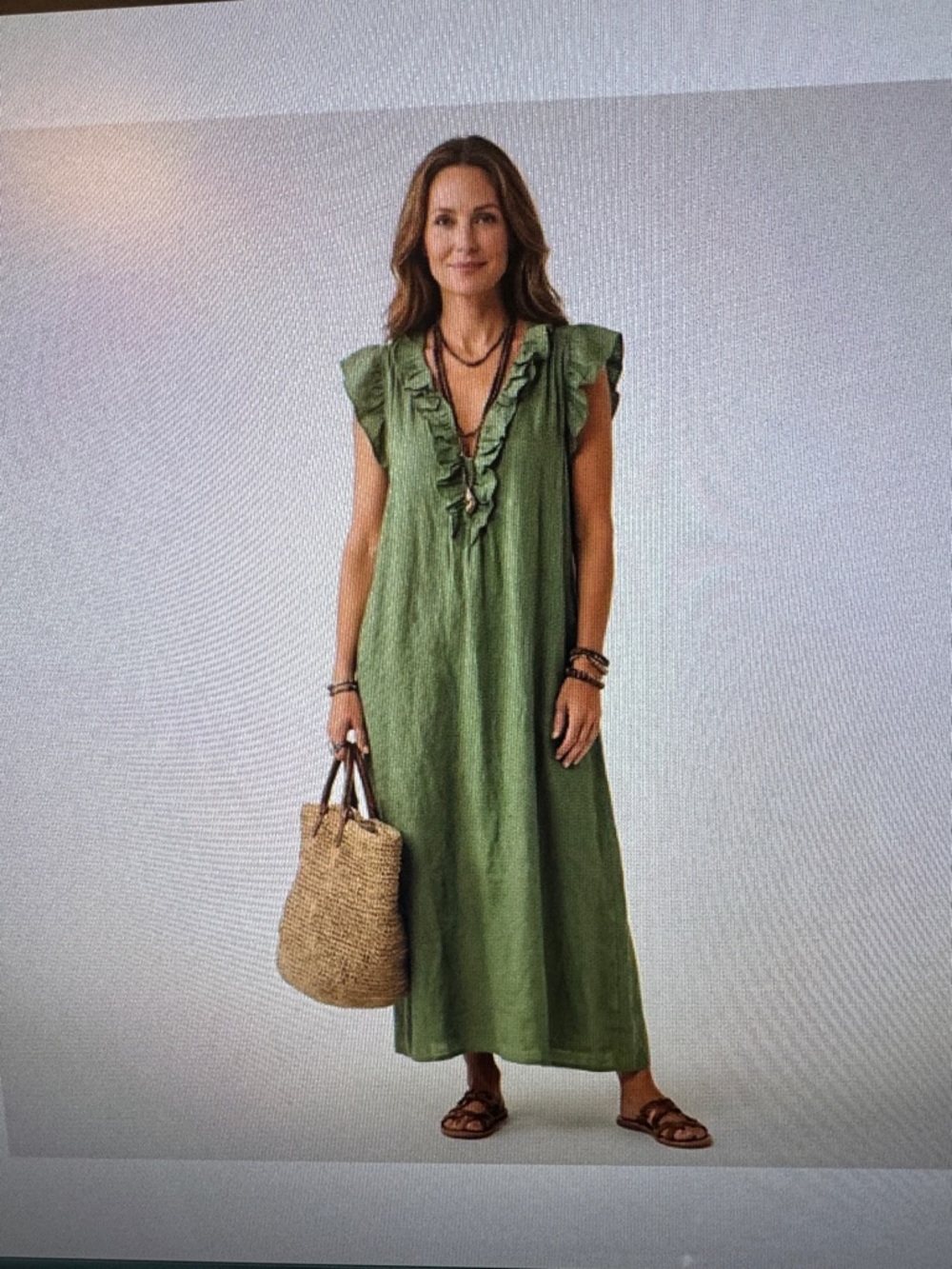 Josette Green Ruffle-Trim v-neck maxi dress large pockets